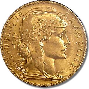 1907 French Rooster 20 Franc Gold Coin Obverse