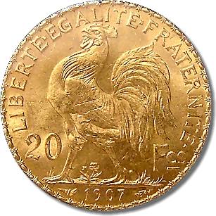 1907 French Rooster 20 Franc Gold Coin Reverse