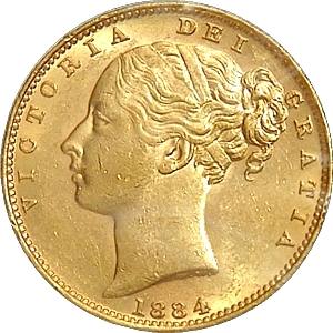 1884M Melbourne Mint Shield Gold Sovereign Obverse