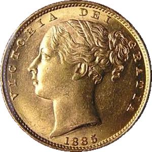 1885M Melbourne Mint Shield Gold Sovereign Obverse